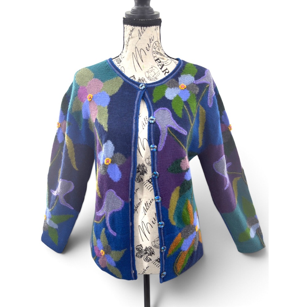 Tabask Handmade in Peru Alpaca Wool Floral S Cardigan 90s/Y2K Cozy Art to Wear